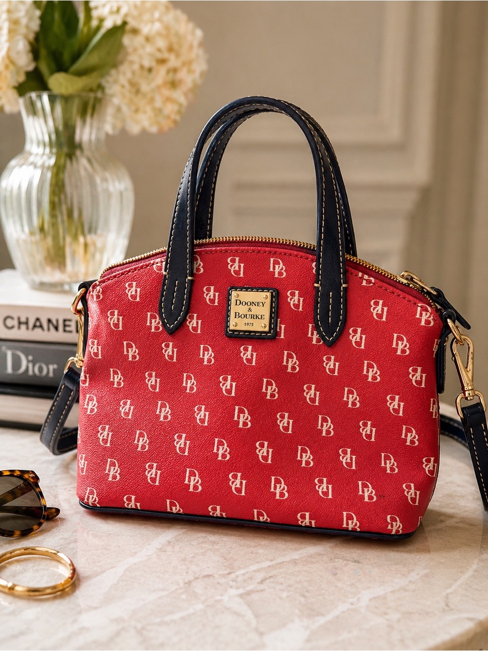 Dooney & Bourke Red DB Logo Small Satchel Navy Trim Gold Hardware
